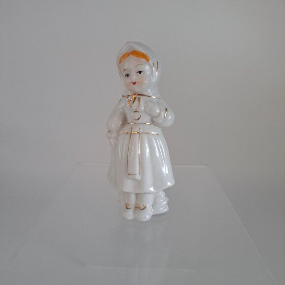 Luster Girl with Bonnet Figurine Vintage Ceramic White With Gold Accents - Picture 1 of 8